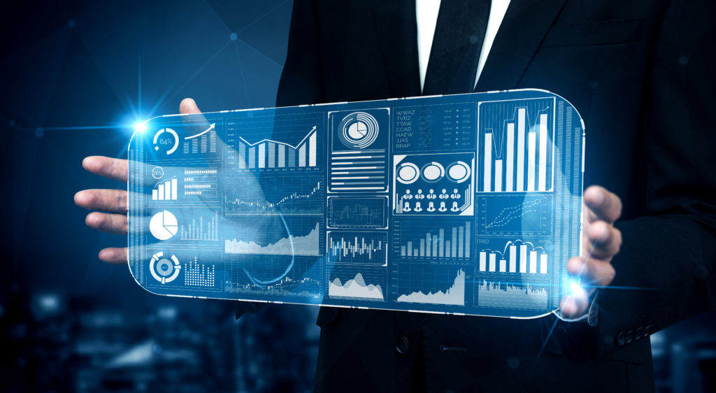 Big Data Technology for Business Finance Analytic Concept. Modern graphic interface shows massive information of business sale report, profit chart and stock market trends analysis on screen monitor.